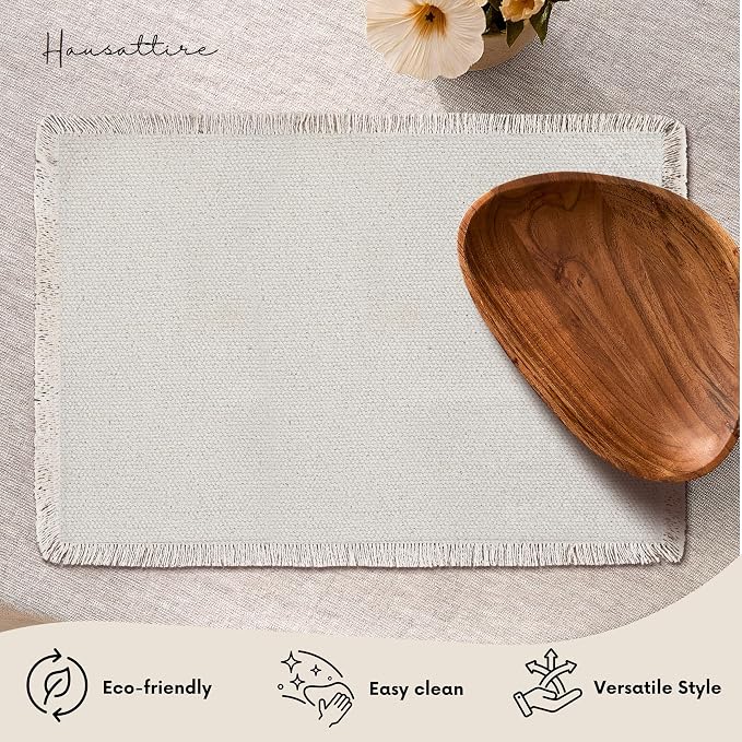 Hausattire Cotton Frayed Placemats Set of 4 Dining Table 13x19 Inch | Rustic Vintage Boho Washable Easter Placemat for Outdoor Parties BBQ's,Wedding, Holiday, Nubby Cotton - Natural