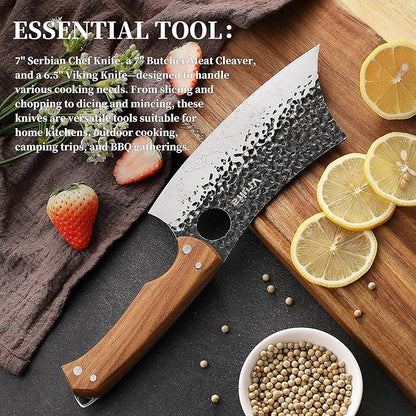 VRUIFA 3 PCS Butcher Knife Set (Serbian, Meat Cleaver, Viking), Hand Forged with Premium Stainless Steel Blades, Ergonomic Wooden Handle Kitchen Knife Set for Home,BBQ, and Camping