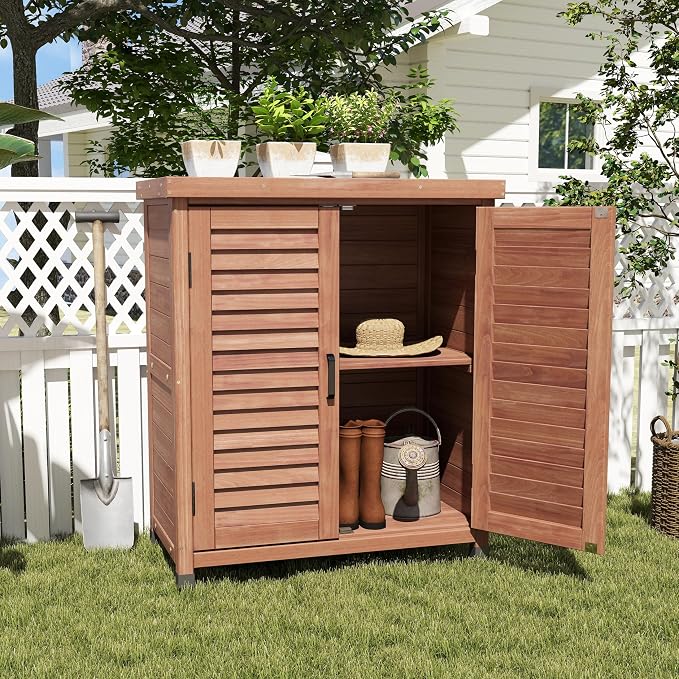 KEIKI Potting Bench with Storage Cabinet and Metal Table Top for Outdoor Patio Weatherproof Garden Workstation
