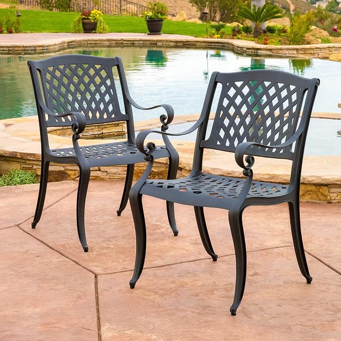Christopher Knight Home Cayman Outdoor 6-Seater Cast Aluminum Dining Set, 7-Pcs Set, Black Sand Hallandale Outdoor Cast Aluminum Chairs, 2-Pcs Set, Antique Matte Black