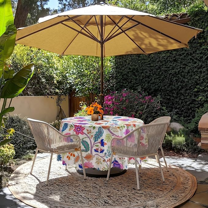 60 Inch Outdoor Round Tablecloth with Umbrella Hole and Zipper, Spillproof Wrinkler-Free Paisley Patio Table Cover for Spring Summer Backyard Party BBQ Decor