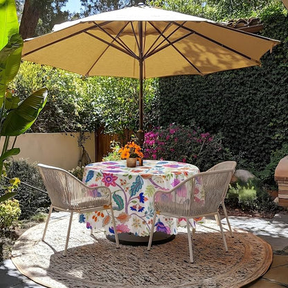60 Inch Outdoor Round Tablecloth with Umbrella Hole and Zipper, Spillproof Wrinkler-Free Paisley Patio Table Cover for Spring Summer Backyard Party BBQ Decor