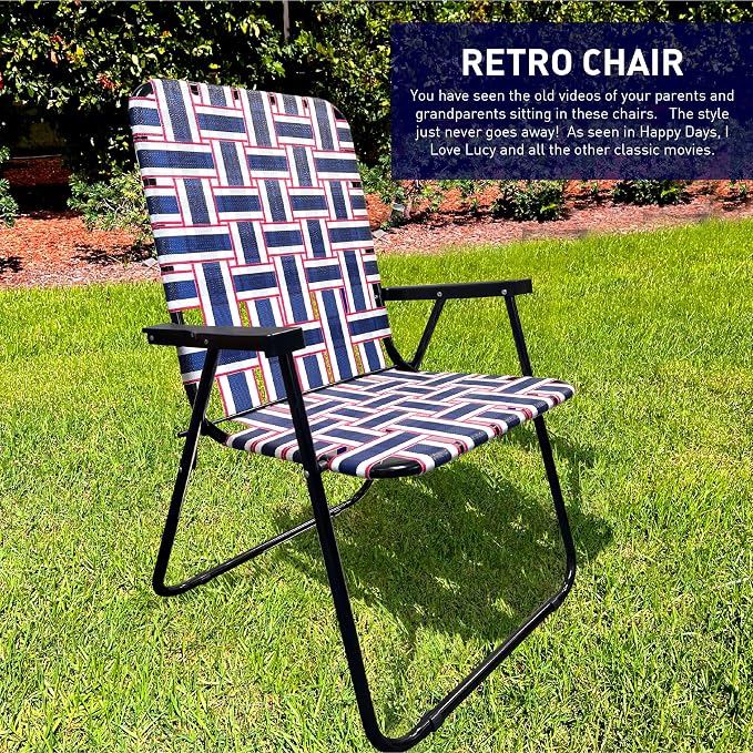 Lawn Chair Folding Steel Webbing Chaise Patio Lounger Seat Wood Handles Great for Camping, Beach, Fishing, Backyard, Stadium, Pool, Boating, and Sports 4 Pack Blue/Red