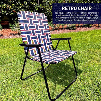Lawn Chair Folding Steel Webbing Chaise Patio Lounger Seat Wood Handles Great for Camping, Beach, Fishing, Backyard, Stadium, Pool, Boating, and Sports 4 Pack Blue/Red