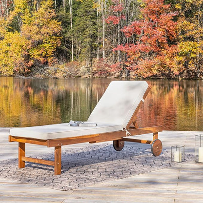 JONATHAN Y Seabrook 23.62" x 68.9" Acacia Wood Outdoor Chaise, Light Brown | 5-Position Adjustable Back, Ivory Polyester Cushion, Pull-Out Side Table, Built-In Wheels, 600lb Capacity, Modern Coastal