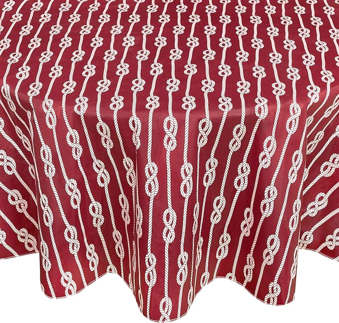 Newbridge Round Vinyl Tablecloth with Flannel Backing, Red Nautical Rope Stripe, 70 Inch, Coastal Striped Indoor Outdoor Wipe Clean Picnic, BBQ and Dining Table Cover