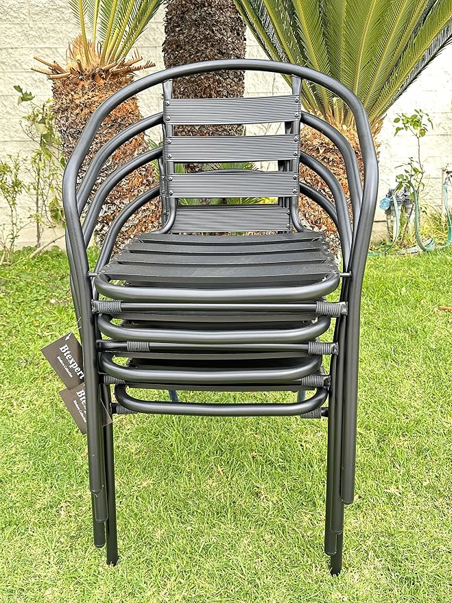 Indoor Outdoor 23.75" Restaurant Stainless Steel Aluminum Metal Slat Stack Lightweight, 4 Chairs with a Round Table, Silver/Black