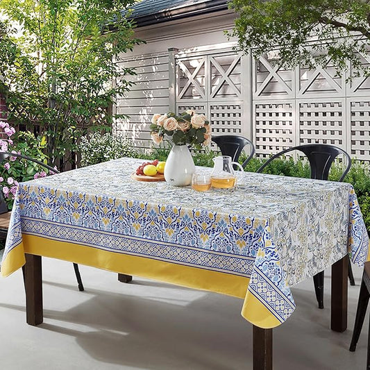 Home Bargains Plus Square Vinyl Tablecloth with Flannel Backing, 52 x 52 Inch, Alluring French Country, Yellow and Blue Floral Vinyl Table Cover, Heavy Weight for Dining Party and Barbecues