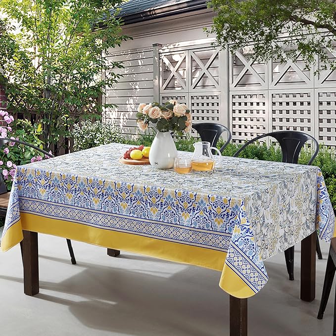 Home Bargains Plus Rectangle Vinyl Tablecloth with Flannel Backing, 60 x 84 Inch, Alluring French Country, Yellow and Blue Floral Vinyl Table Cover, Heavy Weight for Dining Party and Barbecues
