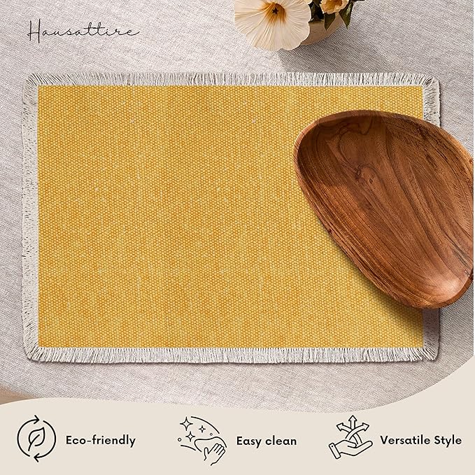 Hausattire Cotton Frayed Placemats Set of 4 Dining Table 13x19 Inch | Rustic Vintage Boho Washable Easter Placemat for Outdoor Parties BBQ's Wedding,Special Occasions, Nubby Cotton - Yellow