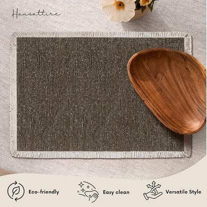 Hausattire Cotton Frayed Placemats Set of 6 Dining Table 13x19 Inch | Rustic Vintage Boho Washable Easter Placemat for Outdoor Parties BBQ's Wedding, Holiday,Nubby Cotton - Brown