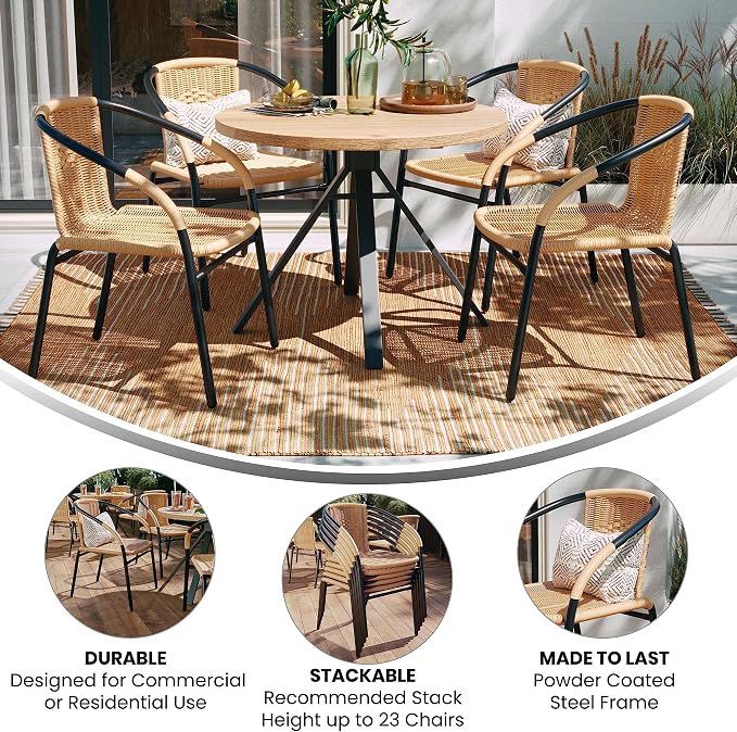 Flash Furniture Lila 4 Pack Beige Rattan Indoor-Outdoor Restaurant Stack Chair | Versatile and Stylish Seating