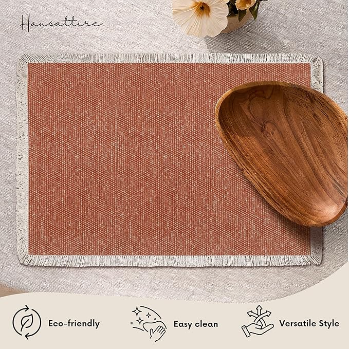 Hausattire Cotton Frayed Placemats Set of 6 Dining Table 13x19 Inch | Rustic Harvest Boho Washable Easter Placemat for Outdoor Parties BBQ's Holiday, Special Occasions, Nubby Cotton - Rust