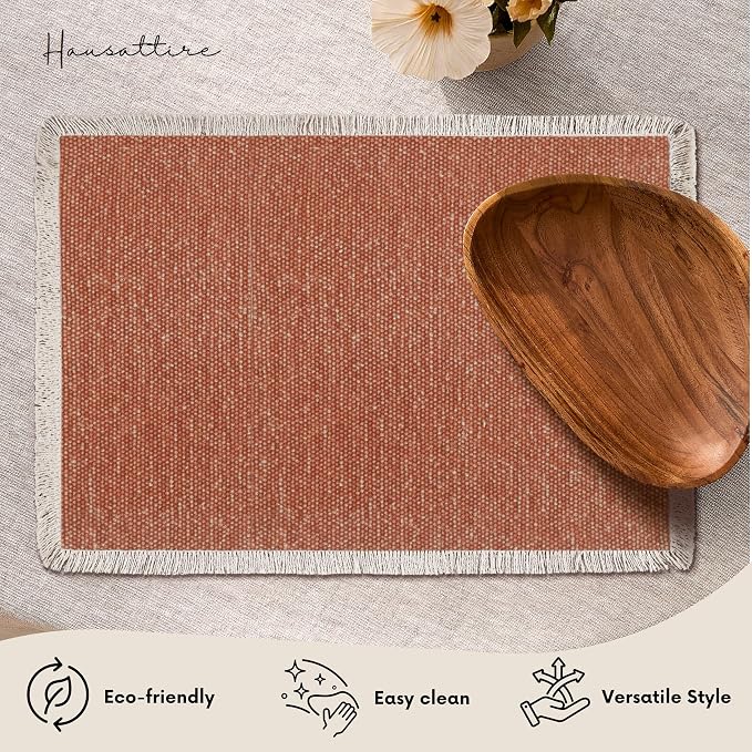 Hausattire Cotton Frayed Placemats Set of 4 Dining Table 13x19 Inch | Rustic Harvest Boho Washable Easter Placemat for Outdoor Parties BBQ's Wedding, Special Occasions, Nubby Cotton - Rust