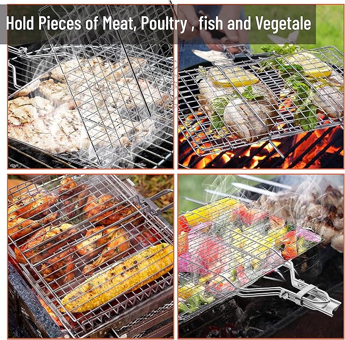 UNCO- Fish Grilling Basket, 2 Sets, Folding Portable Stainless Steel BBQ Grill Basket with Removable Handle and Silicon Basting Brush for Fish, Vegetables, Shrimp, Gifts for Dad, Husband & Friend