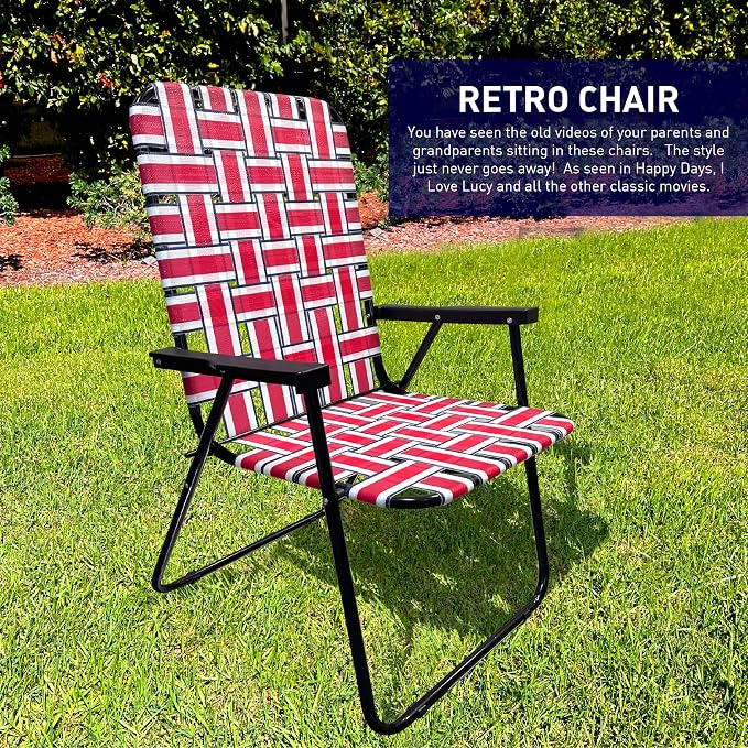 Lawn Chair Folding Steel Webbing Chaise Patio Lounger Seat Wood Handles Great for Camping, Beach, Fishing, Backyard, Stadium, Pool, Boating, and Sports 4 Pack Red/Blue