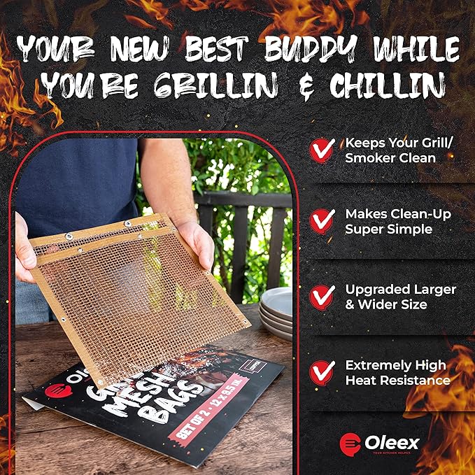 Oleex Non-Stick Large BBQ Grilling Bags Copper Color + Basting Brush - Reusable PTFE Mesh Indoor Outdoor Charcoal Barbecue Grill Bag Accessories, Heat-Resistant Up to 500 F, Dishwasher-Safe