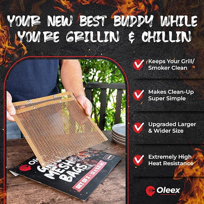 Oleex Non-Stick Large BBQ Grilling Bags Copper Color + Basting Brush - Reusable PTFE Mesh Indoor Outdoor Charcoal Barbecue Grill Bag Accessories, Heat-Resistant Up to 500 F, Dishwasher-Safe