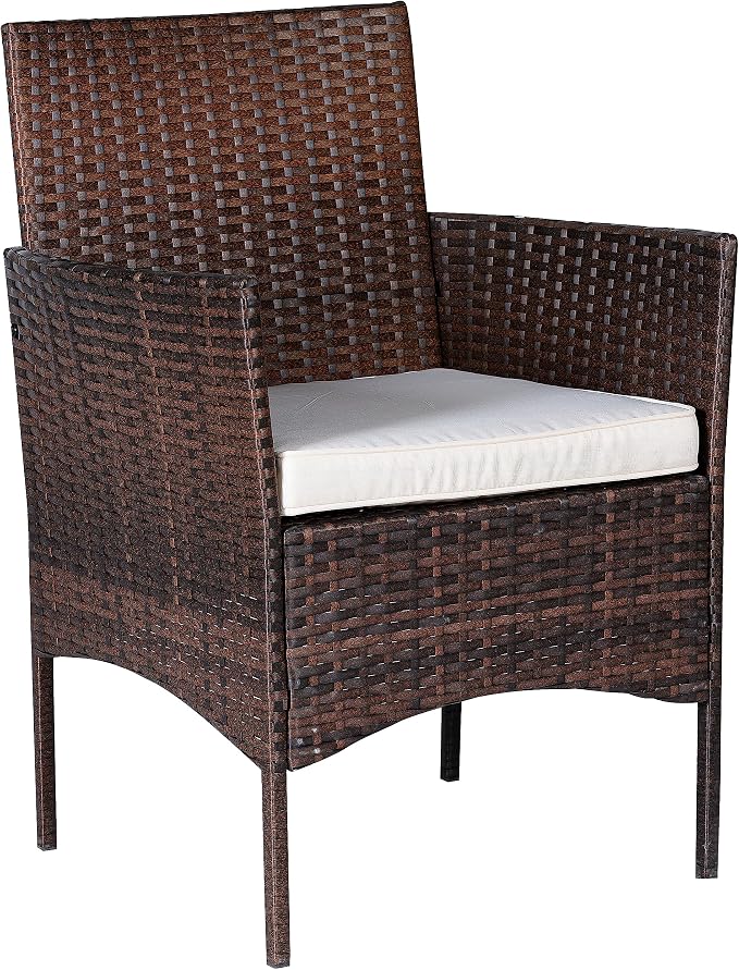 Outdoor Wicker Conversation 3 Piece Bistro Set Garden Patio Yard Porch Furniture Space Saving Pe Rattan Two Chairs Cushions Side Storage Glass Table Brown/Beige 3pc Set