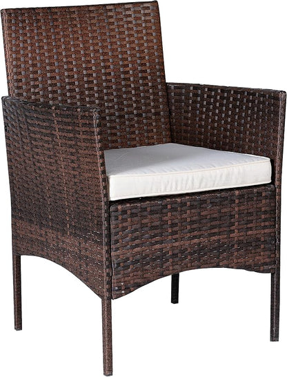 Outdoor Wicker Conversation 3 Piece Bistro Set Garden Patio Yard Porch Furniture Space Saving Pe Rattan Two Chairs Cushions Side Storage Glass Table Brown/Beige 3pc Set