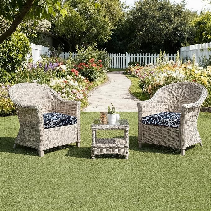 UNIKOME Outdoor Chair Cushions Pack of 4, Water Resistant Patio Cushions with Ties, High Density Sponge Filling Square Corner Seat Cushions for Outdoor Furniture, 18.5"*16"*3", Navy/White