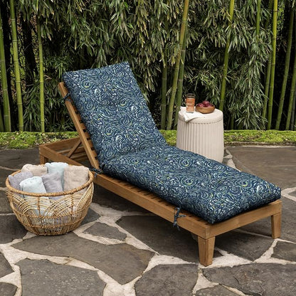 Arden Outdoor Tufted Chaise Cushion, earthFIBER, 22x76, Blue Paisley | Plush Comfort, Modern Tuft, Lounge Cushion, Rain-Proof, Fade Resistant, Cushion for Chaise Lounger, Mold and Mildew Resistant