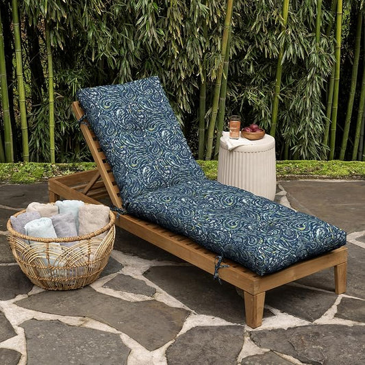 Arden Outdoor Tufted Chaise Cushion, earthFIBER, 22x76, Blue Paisley | Plush Comfort, Modern Tuft, Lounge Cushion, Rain-Proof, Fade Resistant, Cushion for Chaise Lounger, Mold and Mildew Resistant