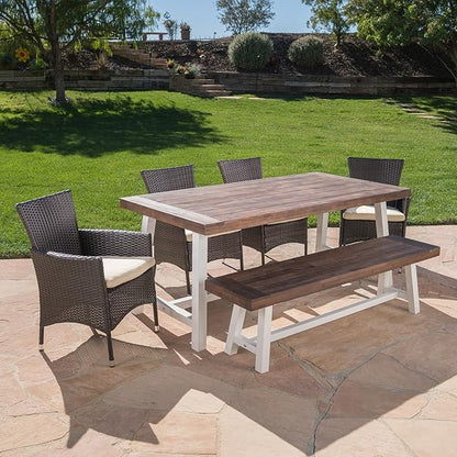 Christopher Knight Home Linda Outdoor 6 Piece Wicker Dining Set Finish Acacia Wood Table and Bench Water Resistant Pcs, Sandblast Dark Brown/White Rustic Metal/Multibrown/Beige Cushions