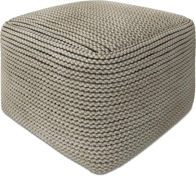 SIMPLIHOME Eastmont 18" Wide Square Pouf in Beige PET Polyester | Versatile boho indoor/outdoor footstool, extra seating for living room or bedroom or patio with assembled design, assembled.