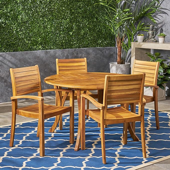 Christopher Knight Home Payne Outdoor 4-Seater Round Acacia Wood Dining Set, Teak Finish
