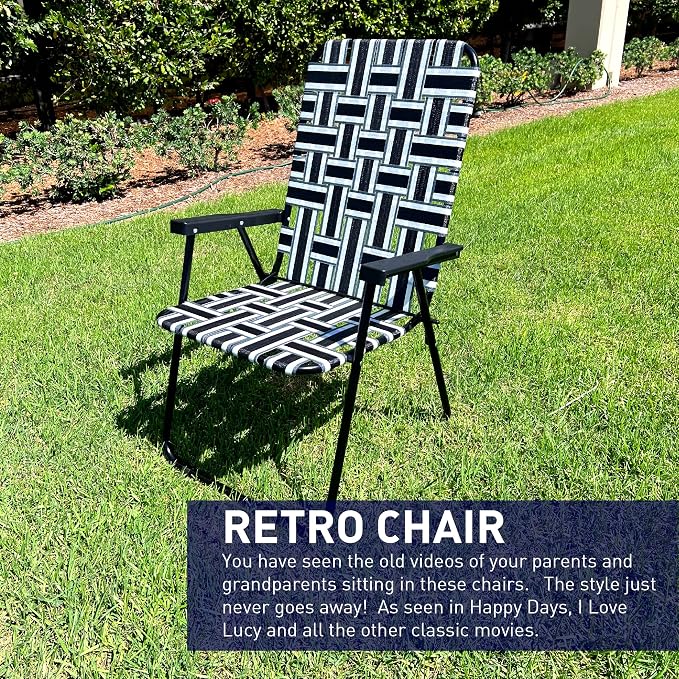 Lawn Chair Folding Steel Webbing Chaise Patio Lounger Seat Wood Handles Great for Camping, Beach, Fishing, Backyard, Stadium, Pool, Boating, and Sports 2 Pack Black