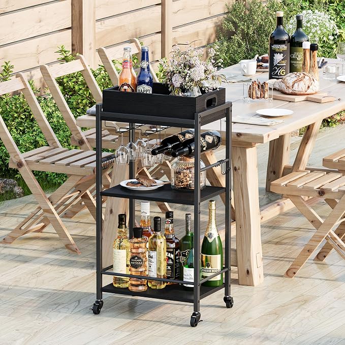3-Tier Bar Cart with Removable Tray, Small Bar Carts with Wheels, Rolling Beverage Cart, Drink Cart, Black Wine Cart with Wine Rack for Kitchen, Living Room (Black) GBC513B