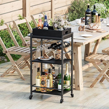 3-Tier Bar Cart with Removable Tray, Small Bar Carts with Wheels, Rolling Beverage Cart, Drink Cart, Black Wine Cart with Wine Rack for Kitchen, Living Room (Black) GBC513B