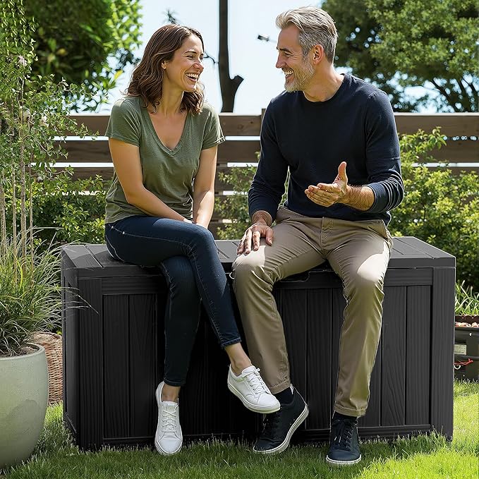 90 Gallon Large Outdoor Storage Box Waterproof, UV Resistant Resin Deck Box for Patio Furniture,Garden Tools,Cushions, Easy to Install（Black）