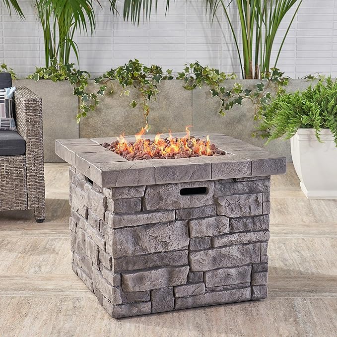30'' Propane Fire Pit Table Hidden Tank Inside, 40,000 BTU Square Outdoor Gas Firepit with Auto-Ignition, Waterproof Cover for Patio Deck, Stone Gray