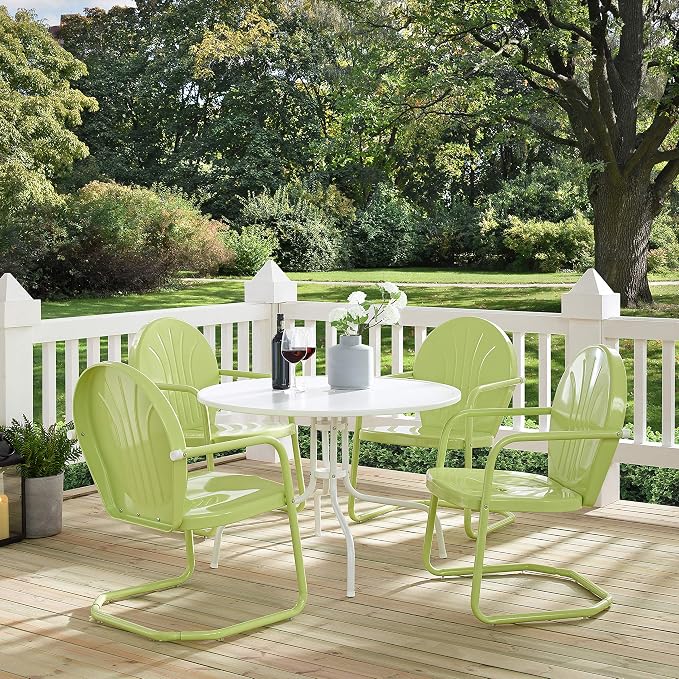 Crosley Furniture Griffith 5-Piece Outdoor Dining Set for 4, Retro Metal Round Patio Table and Chairs, White and Key Lime