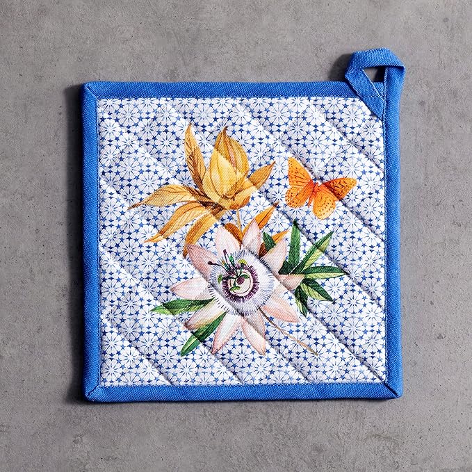 Maison d' Hermine Pot Holders 100% Cotton Heat Resistant Potholders 8" x 8" Hot Pads with Loop BBQ Cooking Baking Hotel Farmhouse Kitchen Handling Hot Pans Spring Summer (Pack of 1, Passiflora)