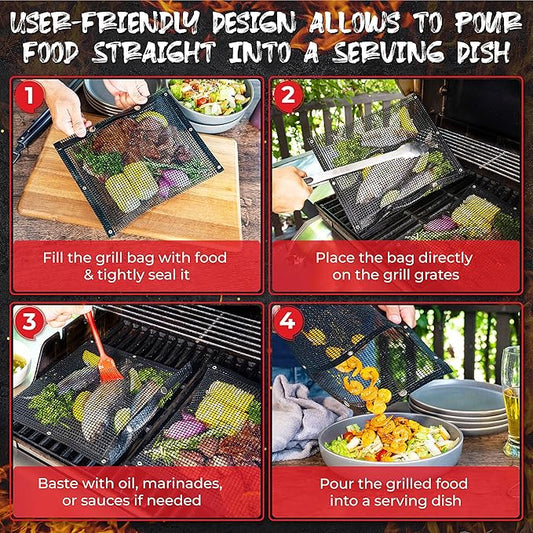 Oleex Non-Stick Large BBQ Grilling Bags + Basting Brush - Reusable PTFE Mesh Indoor Outdoor Charcoal Barbecue Grill Bag Accessories, Heat-Resistant Up to 500 F, Easy to Clean, Dishwasher-Safe