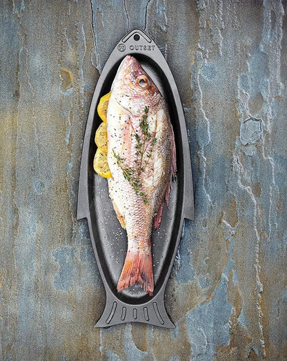 Outset Cast Iron Fish Grill and Serving Pan, 18.9 x 7.28 x 0.98 inch BBQ and Oven Safe Fish Cooking Pan