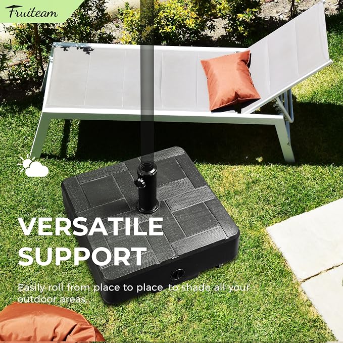 FRUITEAM 155lb Capacity Fillable Portable Umbrella Base with Wheels,Patio Umbrella Base Heavy Duty, Square Market Stand for Patio,Outdoor w/ 4 Wheels, 2 Knobs, Suitable for 6-12 ft Outdoor Umbrella