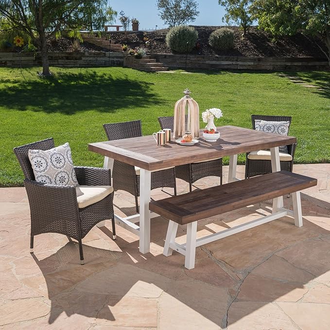 Christopher Knight Home Linda Outdoor 6 Piece Wicker Dining Set Finish Acacia Wood Table and Bench Water Resistant Pcs, Sandblast Dark Brown/White Rustic Metal/Multibrown/Beige Cushions