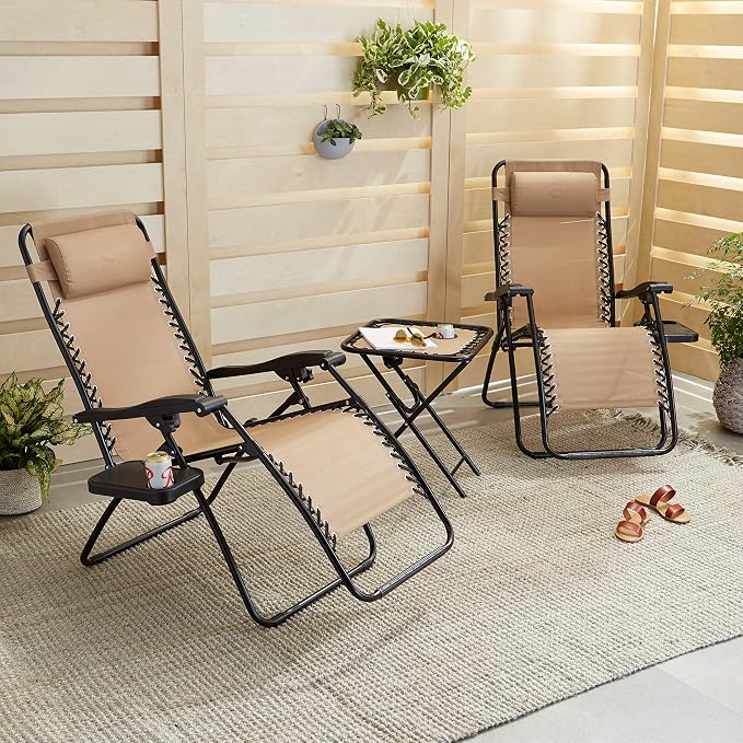 Amazon Basics Outdoor Textilene Adjustable Zero Gravity Folding Reclining Lounge Chair Set with Cup Holder, Side Table, Headrest, Weather-Resistant, 35 x 26 x 43 inches, Beige, 2-Pack