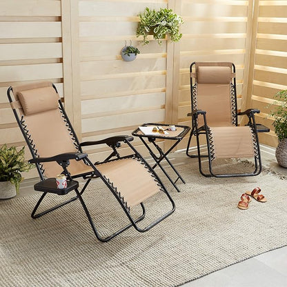 Amazon Basics Outdoor Textilene Adjustable Zero Gravity Folding Reclining Lounge Chair Set with Cup Holder, Side Table, Headrest, Weather-Resistant, 35 x 26 x 43 inches, Beige, 2-Pack