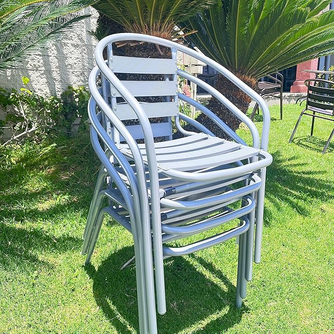 BTEXPERT Gray Lightweight Indoor Outdoor 23.75" Restaurant Stainless Steel Silver Metal Aluminum Slat Stack Commercial, 4 Chairs with a Square Table
