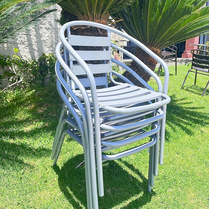 Indoor Outdoor Set of 4 Silver Gray Restaurant Metal Aluminum Slat Stack Chairs Lightweight