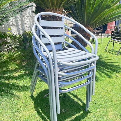 Indoor Outdoor Set of 4 Silver Gray Restaurant Metal Aluminum Slat Stack Chairs Lightweight