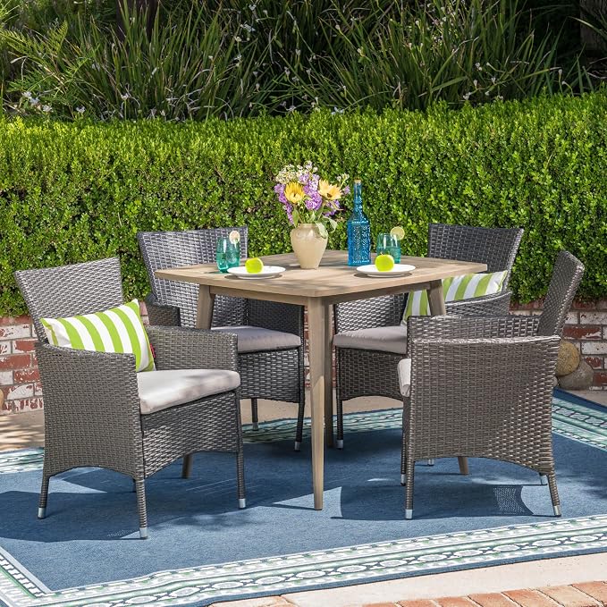 Christopher Knight Home Jo Outdoor 5 Piece Wood and Wicker Dining Set, Gray Finish/Gray