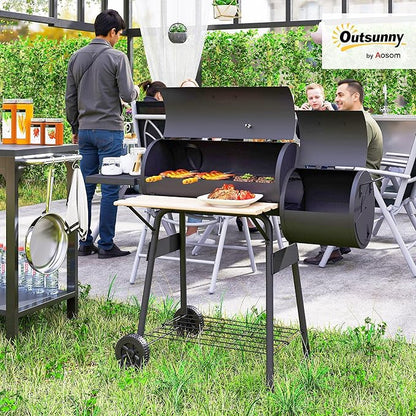 Outsunny Charcoal Grill with Offset Smoker, 231 Sq.In. Cooking Area, Barrel BBQ Grill and Smoker Combo with Side Tables, Shelf, Thermometer, Wheels for Outdoor Patio Backyard Party Event Gathering