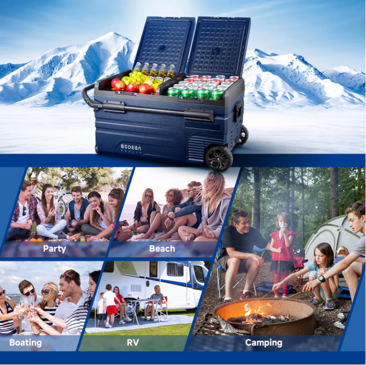 A dark blue BCDEN portable cooler with wheels is shown open, filled with bottled drinks and fruit, set against a snowy mountain background. Below, six lifestyle panels show the cooler in use at parties, on the beach, boating, at an RV campsite, and camping by a campfire.