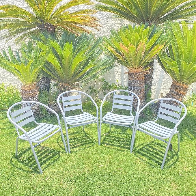 Gray Indoor Outdoor 23.75" Restaurant Stainless Steel Silver Aluminum + 4 Metal Slat Stack Lightweight, 4 Chairs with a Round Table